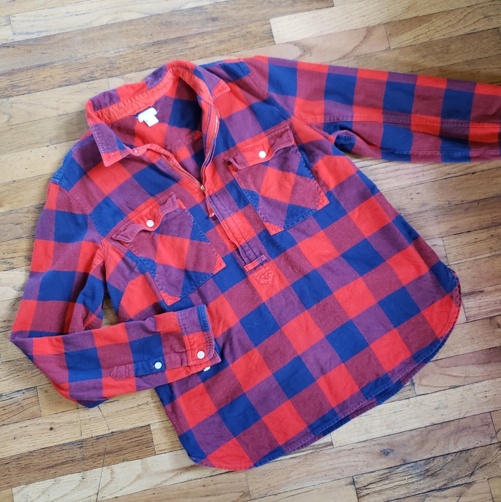 J. CREW Red and Blue Plaid Half-Zip Shirt Size Medium